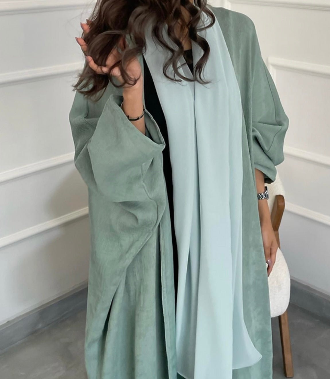 Mint Ribbed Jersey Abaya - Premium  from Sahara Soireé - Just €90! Shop now at Sahara Soirée