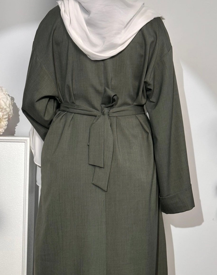 (Pre-order) Army Green Linen Abaya With Pockets - Premium Abaya’s from Sahara Soireé - Just €70! Shop now at Sahara Soirée