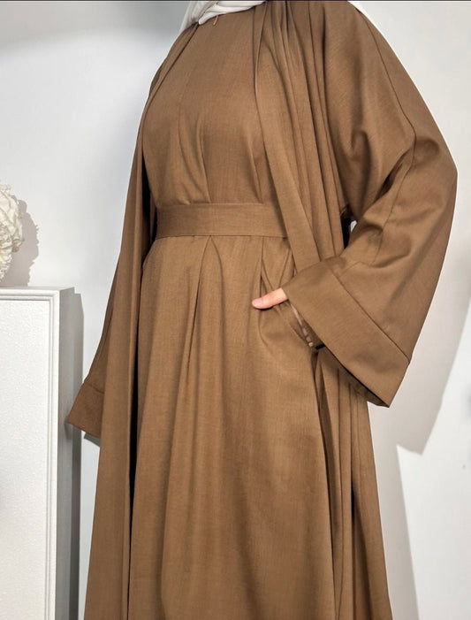 (Pre-order) Brown Linen 2 pieces Open Abaya - Premium  from Sahara Soireé - Just €120! Shop now at Sahara Soirée