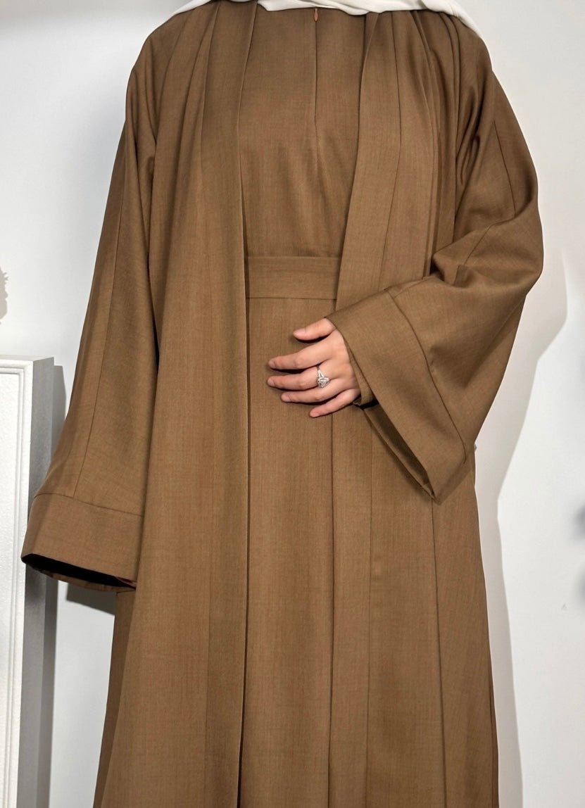 (Pre-order) Brown Linen 2 pieces Open Abaya - Premium  from Sahara Soireé - Just €120! Shop now at Sahara Soirée