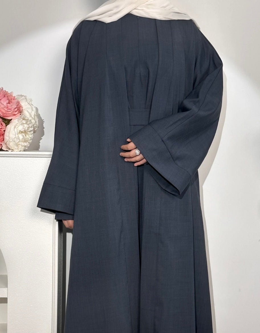 (Pre-order) Navy Blue Linen 2 pieces open abaya - Premium  from Sahara Soireé - Just €120! Shop now at Sahara Soirée