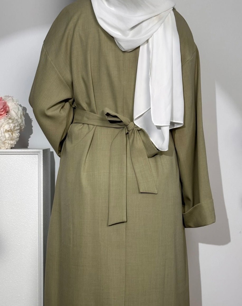 (Pre-order) Sage Green Linen Abaya With Pockets - Premium Abaya’s from Sahara Soireé - Just €70! Shop now at Sahara Soirée