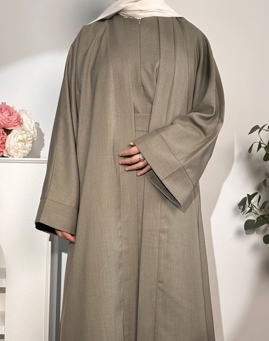 (Pre-order) Taupe Linen 2 pieces Open Abaya - Premium  from Sahara Soireé - Just €120! Shop now at Sahara Soirée