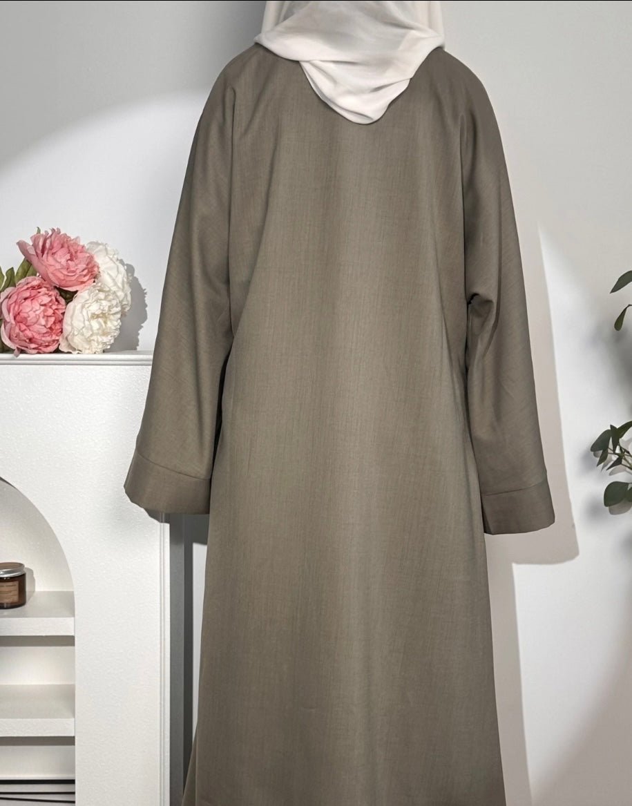 (Pre-order) Taupe Linen 2 pieces Open Abaya - Premium  from Sahara Soireé - Just €120! Shop now at Sahara Soirée