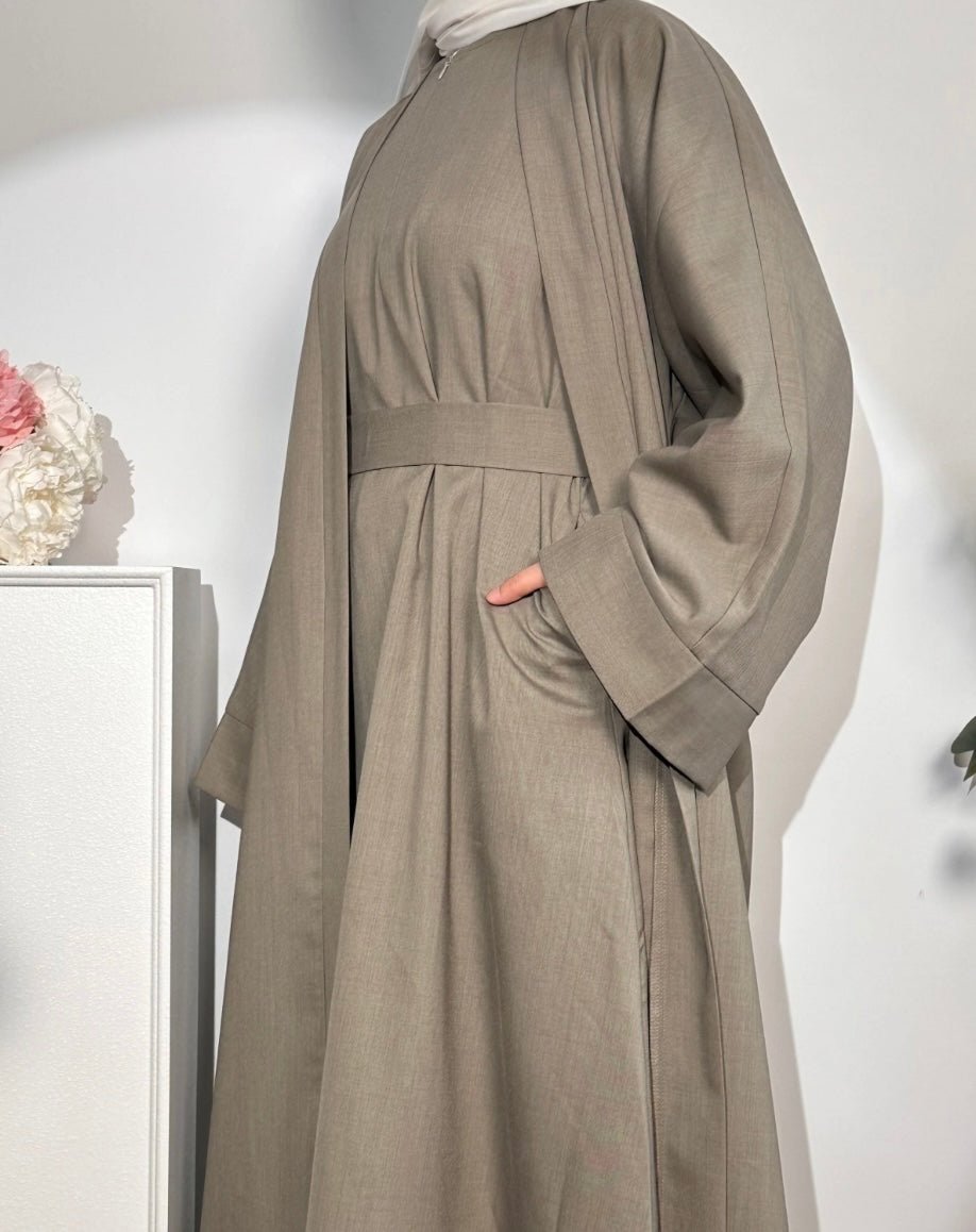 (Pre-order) Taupe Linen 2 pieces Open Abaya - Premium  from Sahara Soireé - Just €120! Shop now at Sahara Soirée